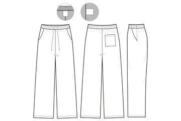 wide leg Sweatpants Flat Technical Drawing Illustration Five Pocket Classic Blank Streetwear Mock-up Template for Design Tech Packs CAD Joggers