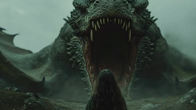 Colossal dragon with dark rugged scales and sharp teeth. Fantasy theme. Dragon's mouth wide open roaring or preparing unleash fiery breath. Princess encounter with scary creature. Epic fairytale scene