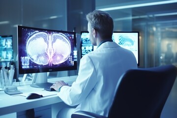 Neurologist examining brain tests results on computer monitor at hospital medical facility - obrazy, fototapety, plakaty