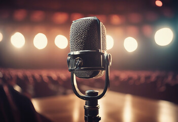Retro microphone on stage in empty theatre