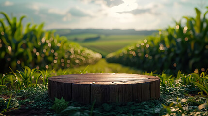 podium for table stand display, with a corn plantation in the background and blue sky - AI Generated