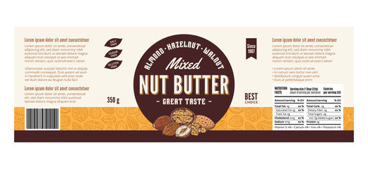 Vector mixed nut butter label. Mixed nut butter packaging design template. Almond, hazelnut, walnut