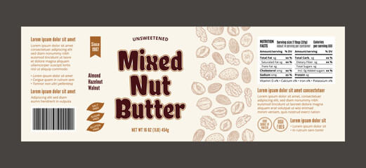 Vector mixed nut butter label. Mixed nut butter packaging design template. Almond, hazelnut, walnut