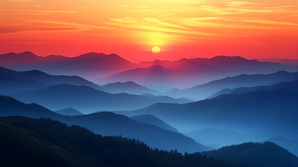 Fototapeta premium Misty mountains in the morning. Fog. Landing page, background, banner. Sunset in mountain, Urals, Alps, Andes, foggy wallpaper. Colorful, abstract