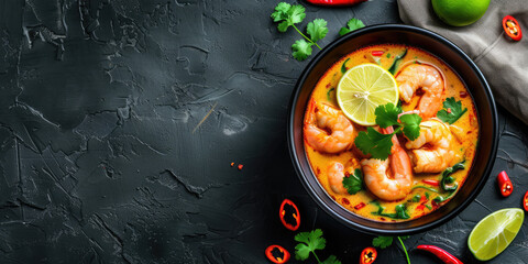 Tom Yum Goong Soup with Fresh Shrimp. Thai Tom Yum soup garnished with cilantro in a bowl. - obrazy, fototapety, plakaty