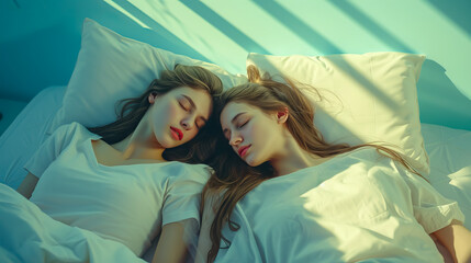 Fototapeta na wymiar Two women sleep in white bed on blue wall bedroom background where natural sunlight enters - AI Generated