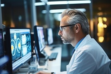 Experienced neurologist analyzing detailed brain test results on monitor at modern hospital facility - obrazy, fototapety, plakaty