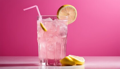 A glass of pink lemonade with a lemon slice on the side