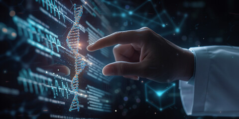 Close-up shot of a doctor's hand interacting with a futuristic hologram interface, displaying electronic medical records and DNA strands.