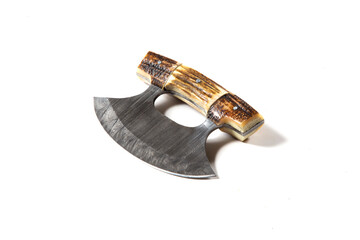 Knife made of Damascus steel with a wooden handle on a white background