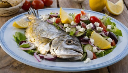 A plate of fish and vegetables on a wooden table