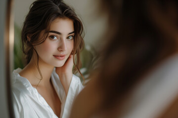 A young woman in a moment of reflection, looking into a mirror with a gentle, contemplative expression.