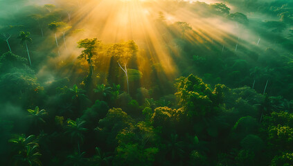 an aerial view of a tropical forest with an intense b - obrazy, fototapety, plakaty