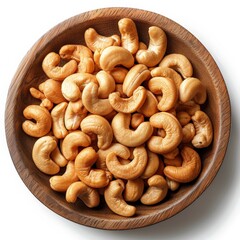 cashew nut in a wooden plate top view isolated on white background