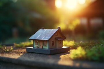 Obraz na płótnie Canvas Small house model with light bulb on ground - real estate idea, eco design, green energy