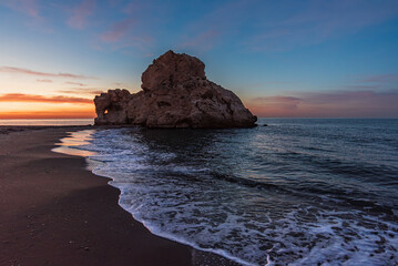 Peñon del Cuervo beach at sunrise, Costa del Sol, Malaga, Andalucia - obrazy, fototapety, plakaty
