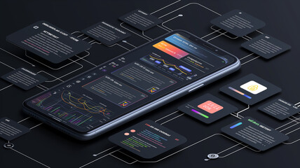 A detailed isometric smartphone showing a live analytics dashboard with fluctuating graphs and key performance indicators.