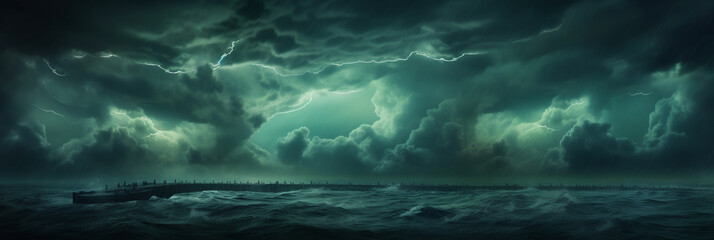 Fototapeta na wymiar Greenish dramatic night sky with storm rain clouds