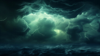 Fototapeta na wymiar Greenish dramatic night sky with storm rain clouds