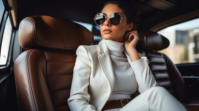 Stylish female model in white trench coat and sunglasses posing in brown luxury car
