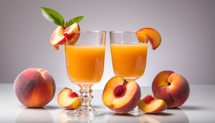 Two glasses of orange juice with peaches and a leaf