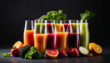 A table full of fresh fruits and vegetables with juice glasses