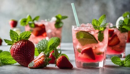 A glass of strawberry mint lemonade with a strawberry on top