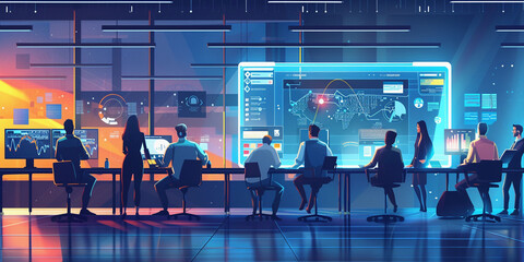 multinational group of professionals working together on a project, using high-tech gadgets and interactive displays in a sleek, well-lit co-working space