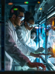 Obraz premium collaboration in a science lab, with researchers in lab coats intensely discussing findings, surrounded by advanced lab equipment and digital screens showing data