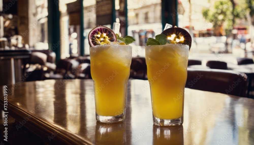 Canvas Prints Two glasses of juice with fruit on top