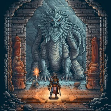 Knight Confronting a Mythical Dragon in an Ancient Ruin