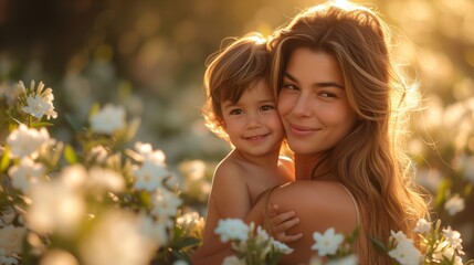 Mother Embracing Her Child in a Sunlit Flower Field on Mothers Day
