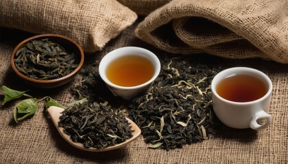 Two cups of tea and tea leaves on a table