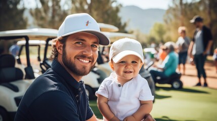 Cheerful caucasian boy at golf training lesson smiling and looking at camera on the golf course