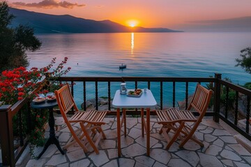 Amidst the serene landscape, a wooden table and chairs on a deck offer the perfect spot to sit and admire the breathtaking sunrise over the calm lake, surrounded by colorful flowers and plants, while