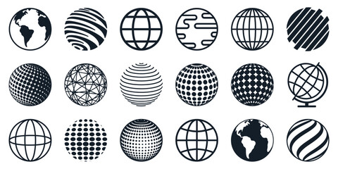 World icon flat set, Earth icons, globes with world maps, set Earth globe hemispheres with continents - vector
