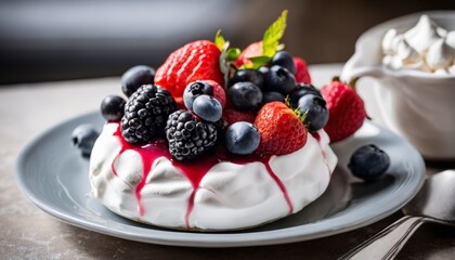 A plate of dessert with berries and whipped cream