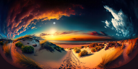 Surreal desert panorama merging day with night under a starry sky