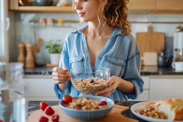 A stylish lady enjoys a fast food breakfast in her cozy indoor kitchen, mixing fruit into her cereal bowl as she sits at the table wearing her favorite clothing