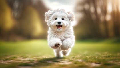Euphoric Bound: A White Fluffy Dog's Joyful Run