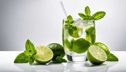 A glass of mint tea with lime wedges