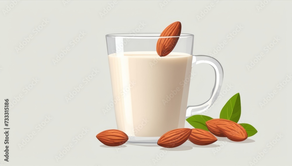 Poster A glass of milk with almonds and a leaf