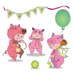Naklejka premium Funny children's animal costumes for boys and girls for masquerade. Pig costume. Flat design vector illustration.