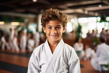 Rolgordijnen Smiling european boy participating in judo or karate training lesson poses for camera © sorin