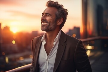 Obraz premium Successful wealthy businessman contemplating future opportunities in vibrant cityscape at sunset