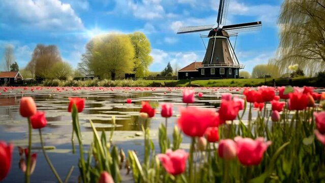 Dutch windmill in the country with tulips. Seamless looping time-lapse 4k video animation background