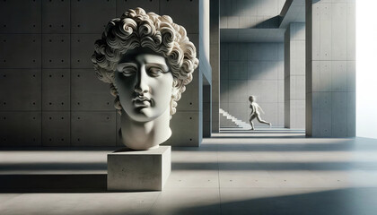 The image depicts a classical sculptural head on a pedestal in a modern, minimalist architectural setting, with a moving man walking up a staircase in the background.Sculpture concept.AI generated.