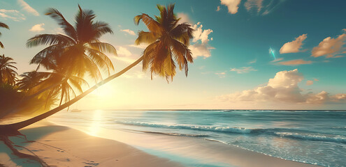 beautiful beach scene showing palm trees in sunlight 