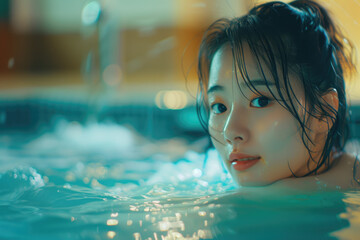 a beautiful asian girl enjoying her time in a hot tub
