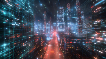 bird's-eye view of a city at night, with holographic data streams crisscrossing the sky, symbolizing global media connections powered by generative AI. - obrazy, fototapety, plakaty